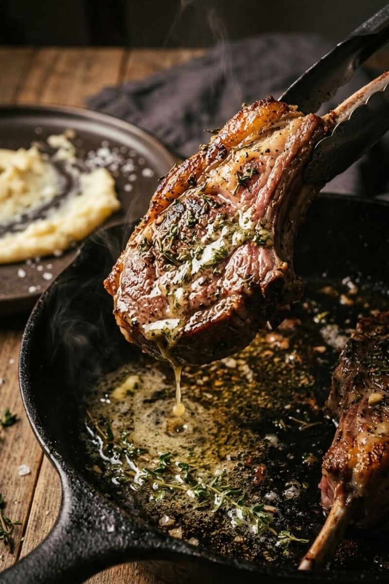 A lamb chop lifted from a cast-iron pan of sizzling herb butter