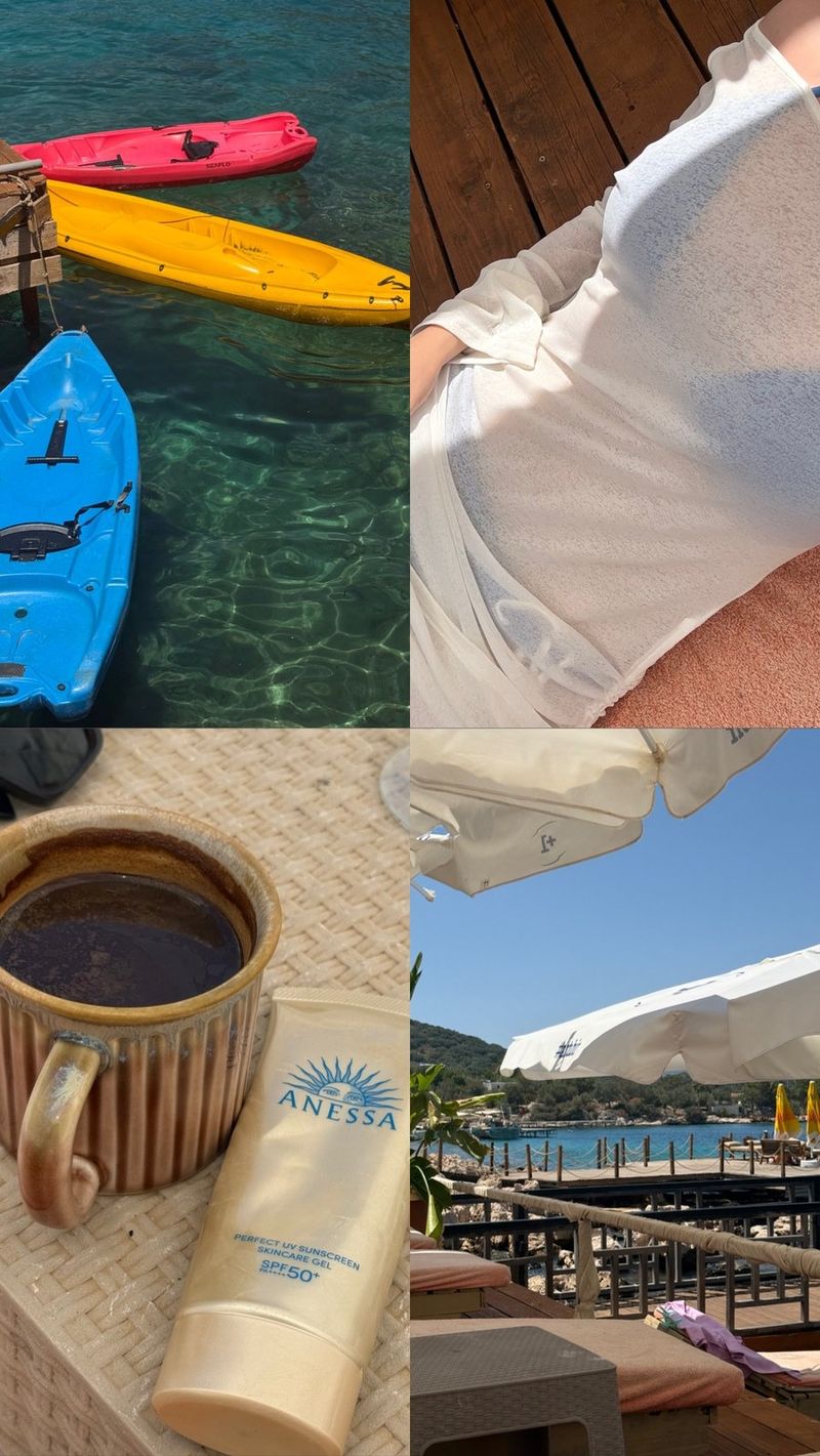 A four-photo collage from Kaş: red, yellow and blue kayaks moored in clear green water; a girl in a white beach cover-up lying on a wooden deck; a cup of coffee next to a tube of sunscreen; white parasols over a beach club on the bay